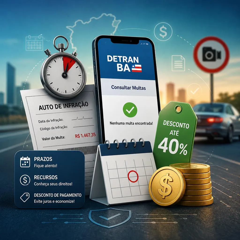 Ilustração sobre multas Detran-BA com celular, calendário e descontos.