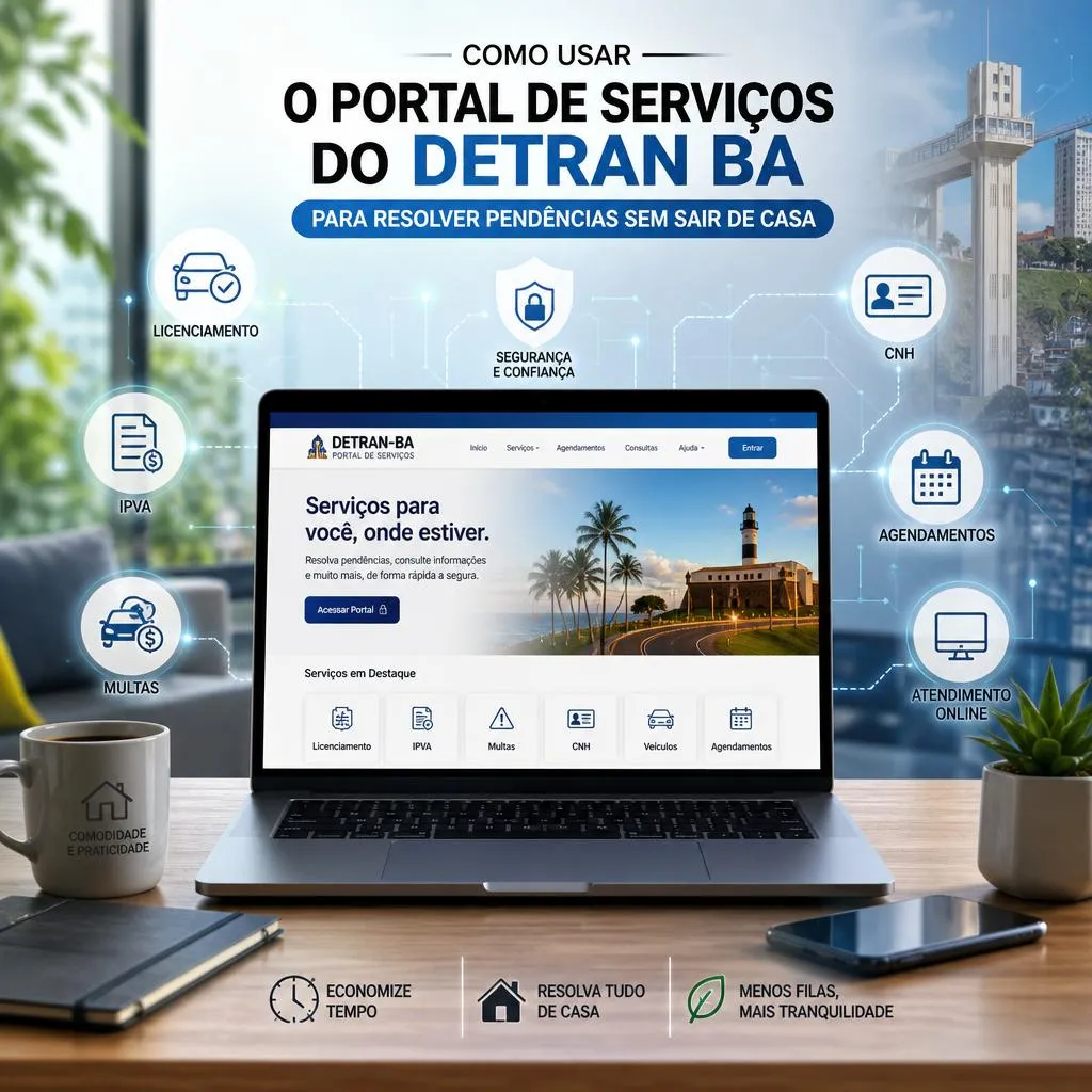 Notebook exibindo o portal de serviços online do Detran BA.