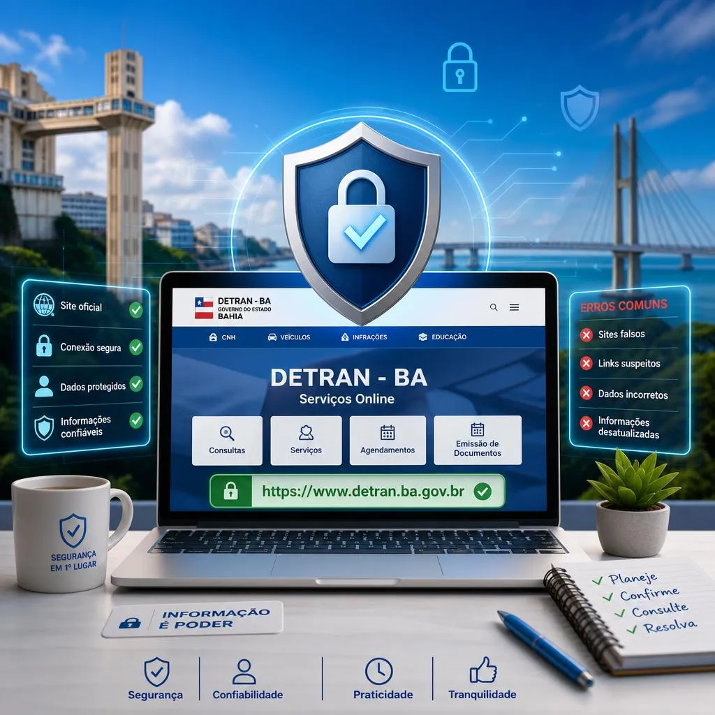 Notebook exibindo site do DETRAN-BA com escudo de segurança digital.