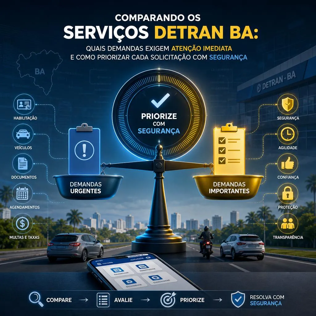 Infográfico sobre comparação de serviços do Detran Bahia com balança.