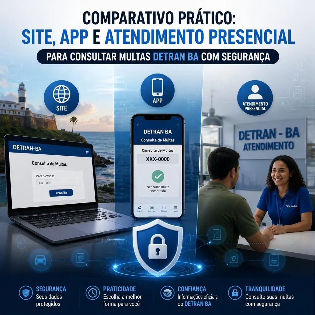 Infográfico comparativo de consulta de multas no DETRAN BA.