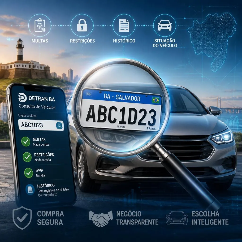Smartphone e lupa analisando placa de carro do DETRAN BA.