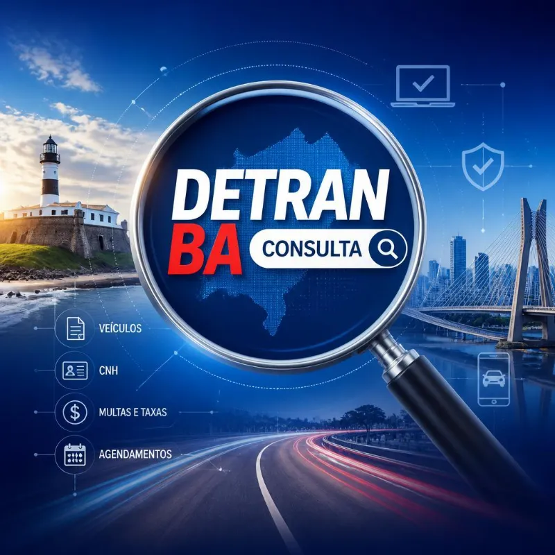 Lupa com texto DETRAN BA CONSULTA sobre pontos turísticos baianos.