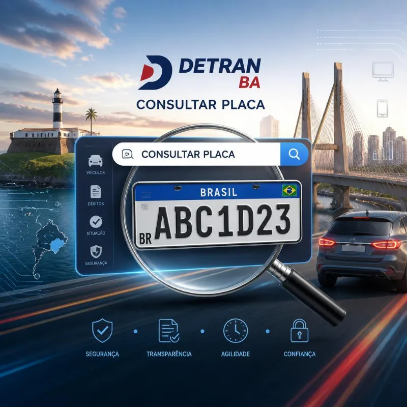 Infográfico do Detran BA para consulta online de placas veiculares.