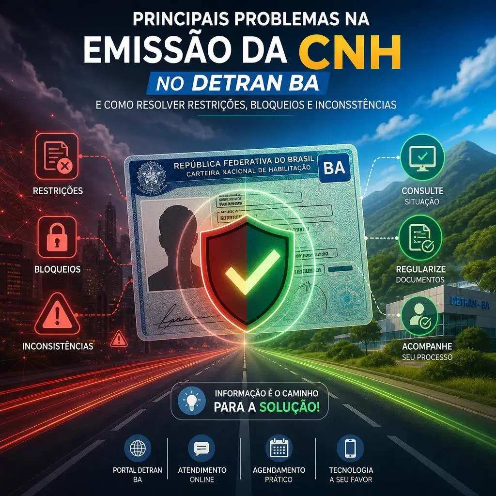 Infográfico sobre problemas e soluções para emissão de CNH no DETRAN-BA.
