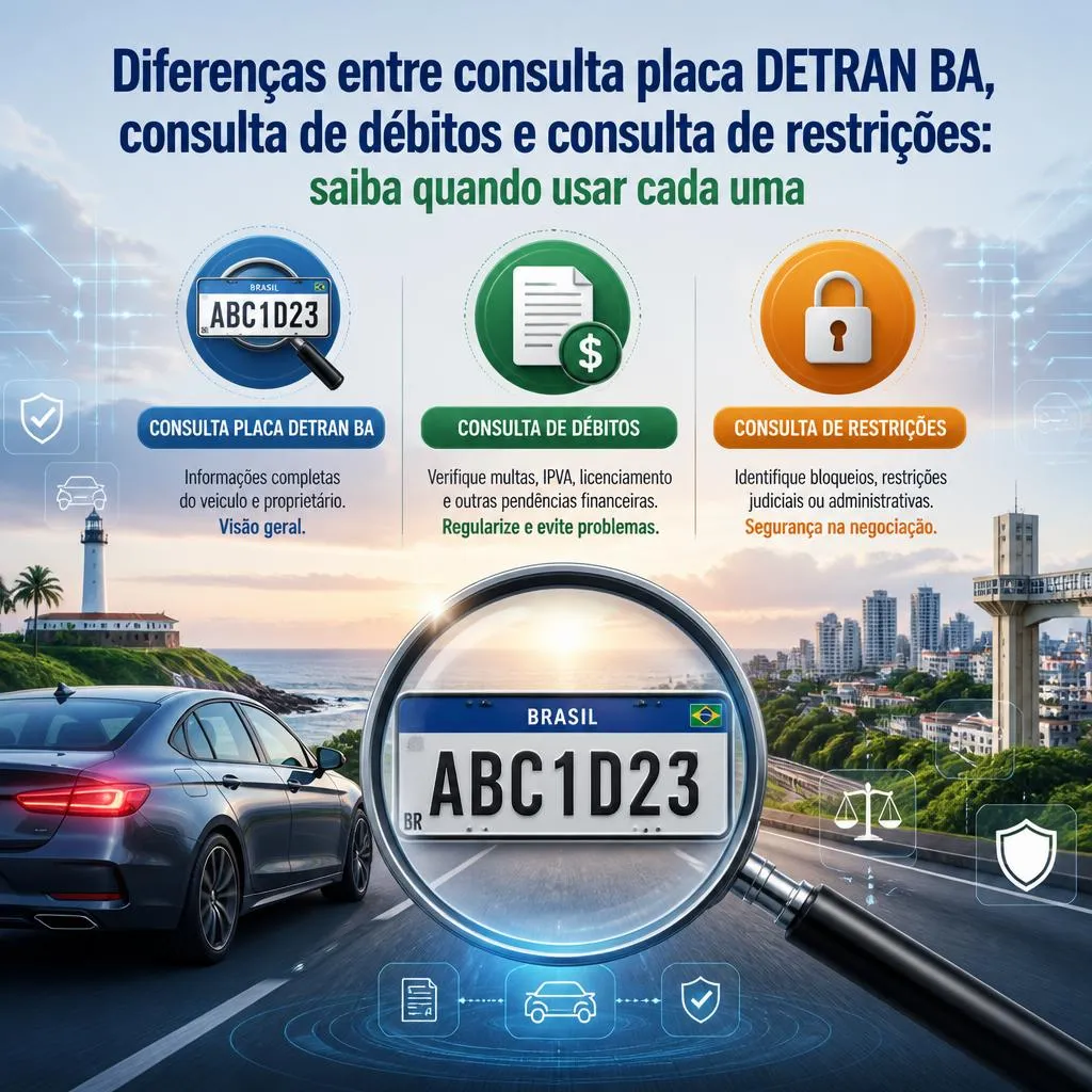 Infográfico explicativo sobre consultas de placa, débitos e restrições veiculares.