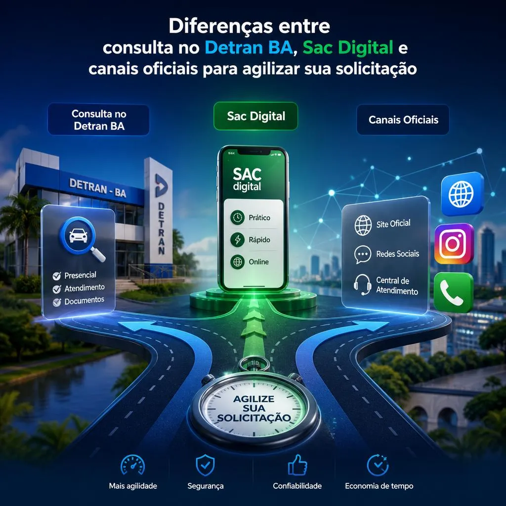 Infográfico sobre canais de atendimento do Detran BA e SAC Digital.