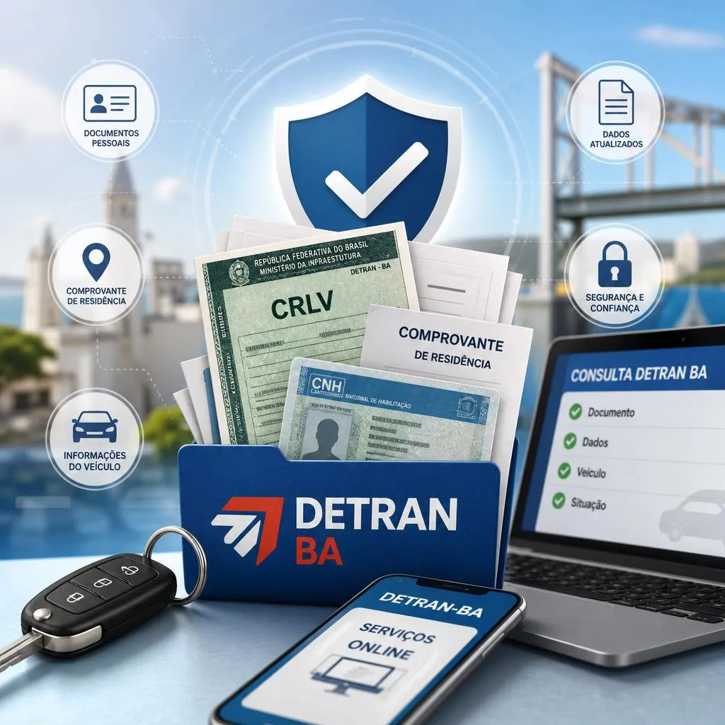 Documentos de veículo e dispositivos digitais com logo DETRAN BA.