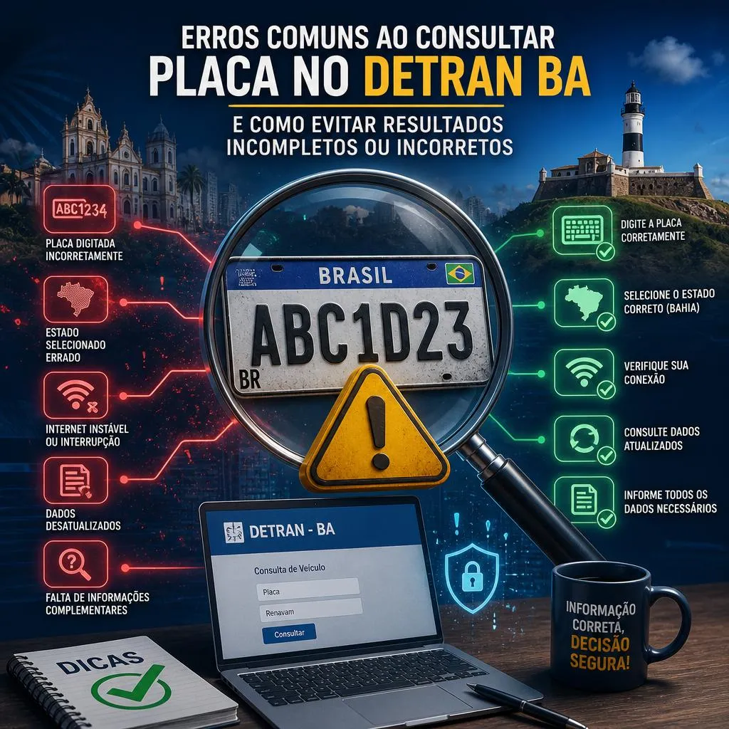 Infográfico sobre erros comuns ao consultar placa no Detran Bahia.