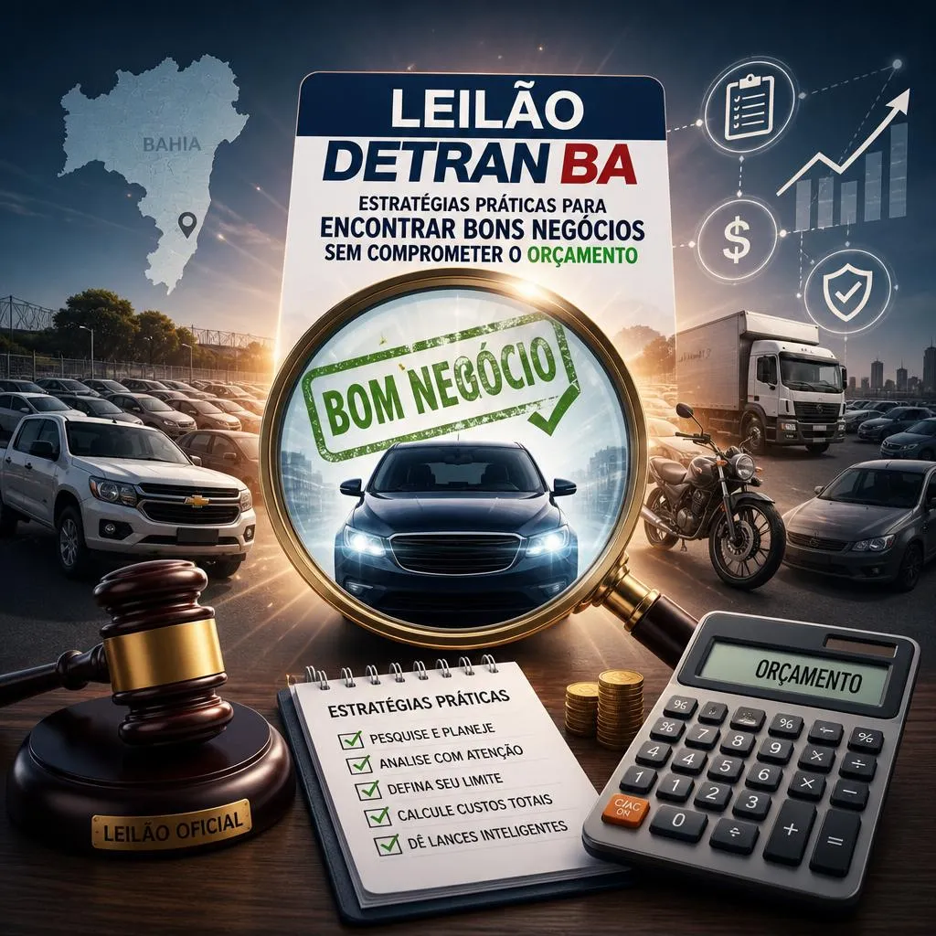 Banner sobre leilão de veículos do DETRAN Bahia com estratégias.