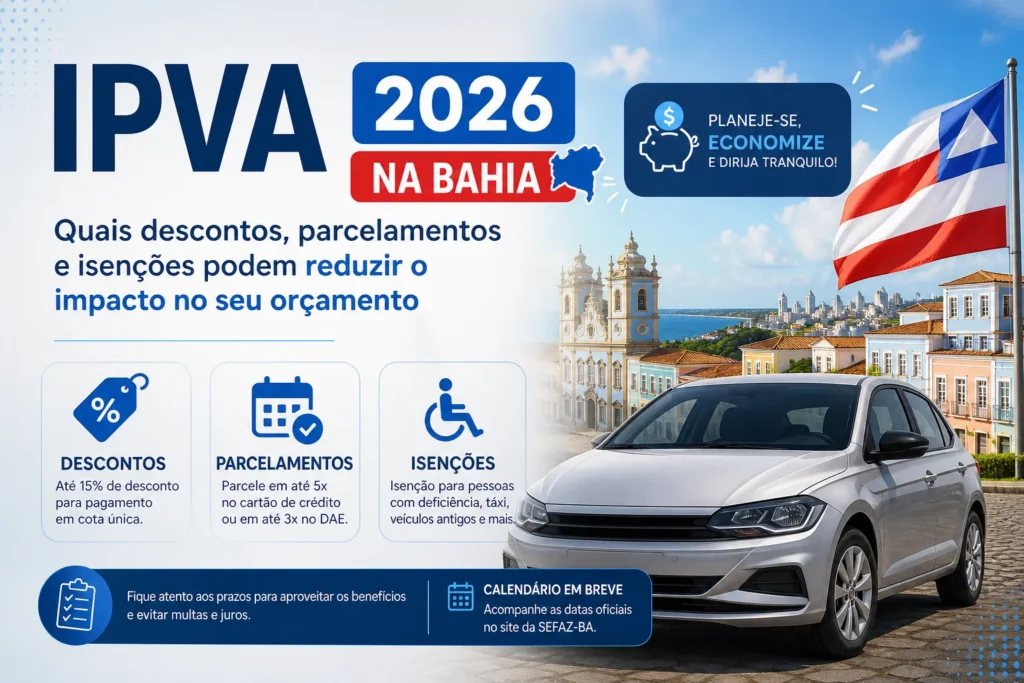 Banner informativo sobre IPVA 2026 na Bahia com carro prata.