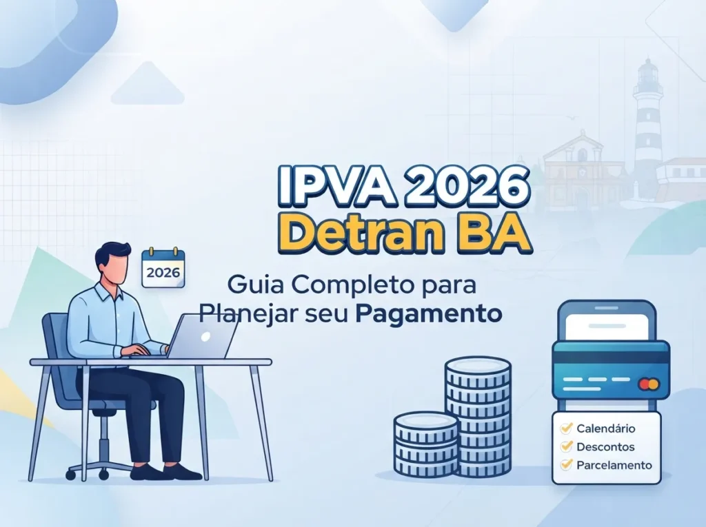 Infográfico informativo sobre o IPVA 2026 do Detran Bahia.