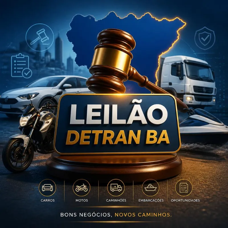 Anúncio do Leilão Detran Bahia com martelo e veículos diversos.