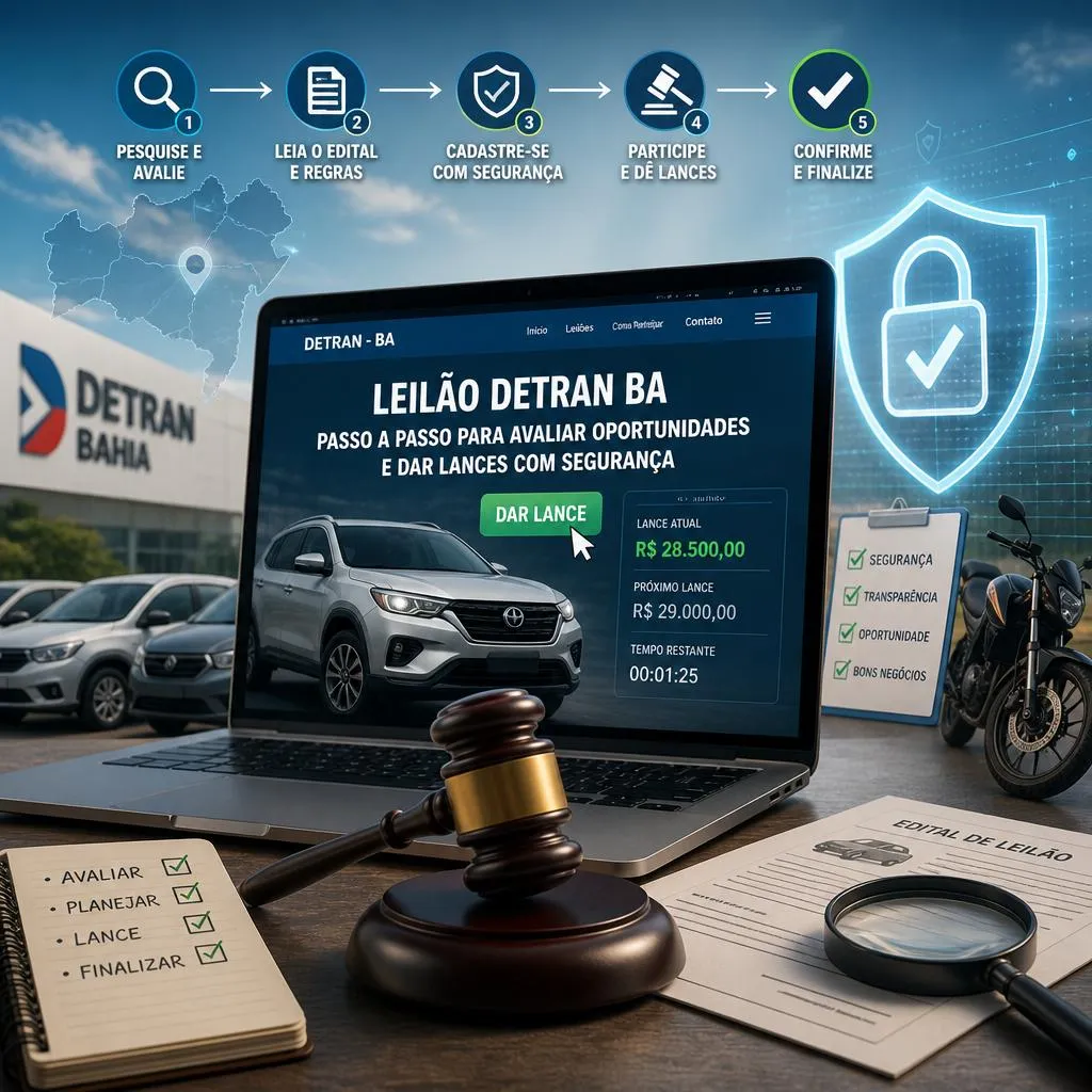 Infográfico ilustrando o passo a passo do leilão DETRAN-BA.