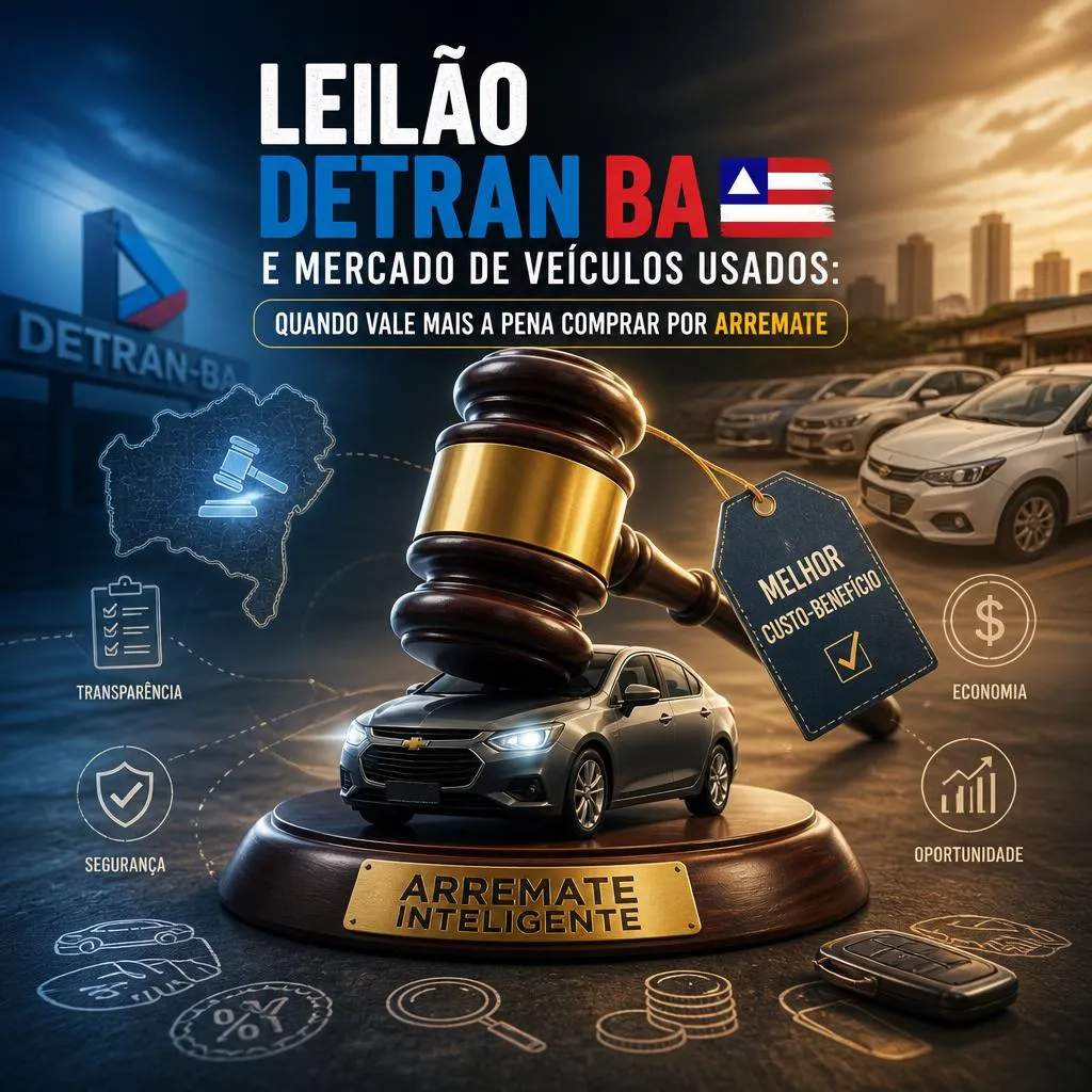 Anúncio de leilão de veículos do DETRAN Bahia com martelo.