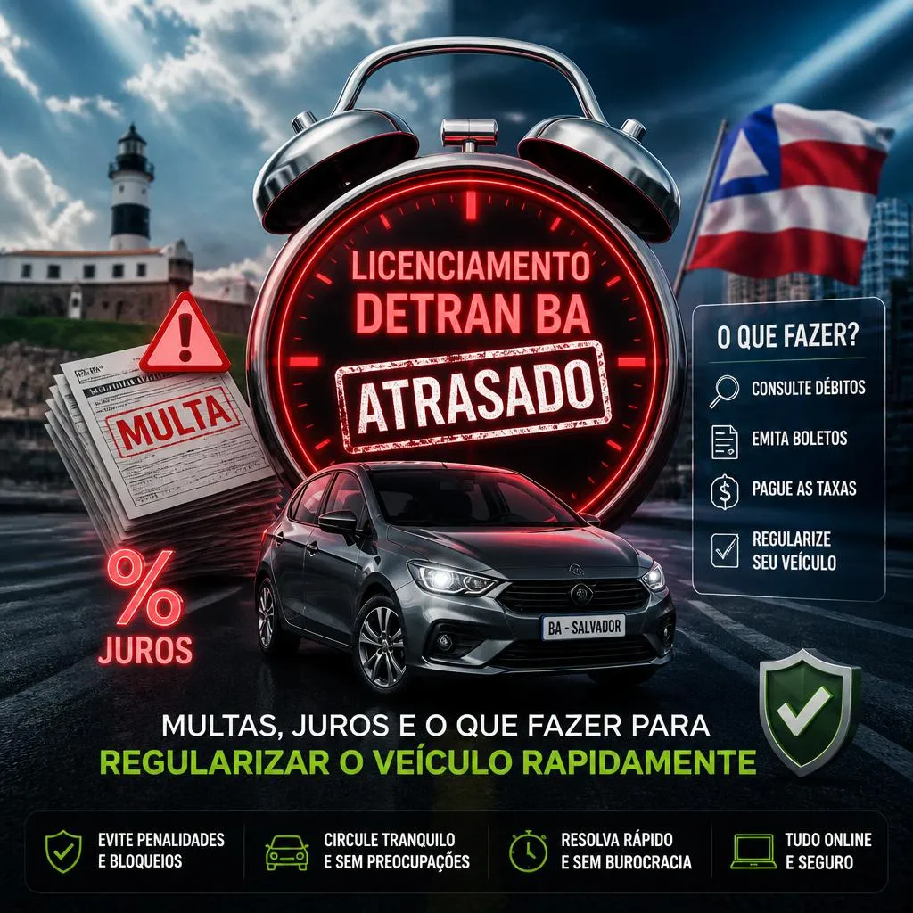 Infográfico sobre licenciamento atrasado do DETRAN BA com carro e despertador.