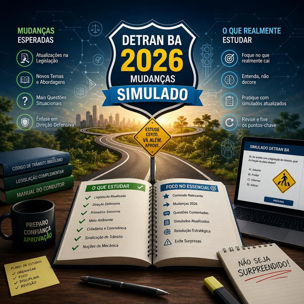 Infográfico de estudos para o simulado DETRAN BA 2026.