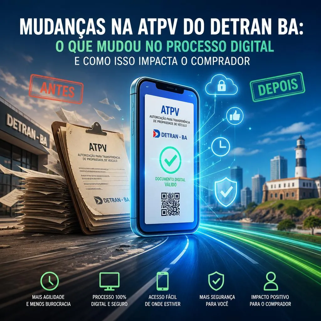 Infográfico comparando o processo físico e digital da ATPV Detran-BA.