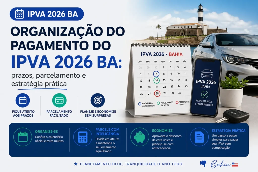 Infográfico informativo sobre o pagamento do IPVA 2026 na Bahia.