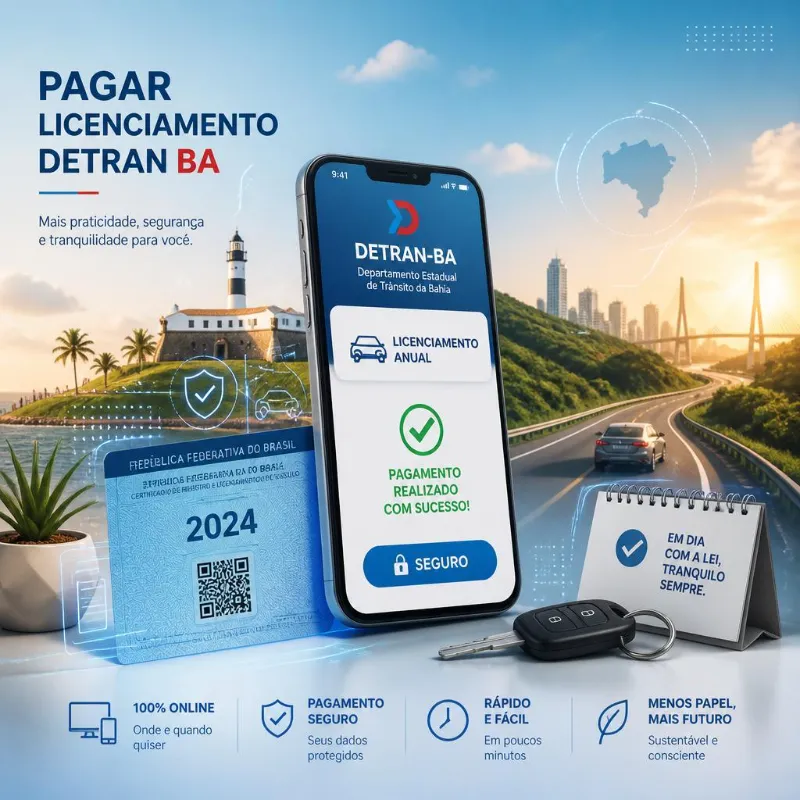 Smartphone mostrando pagamento de licenciamento do Detran-BA com sucesso.