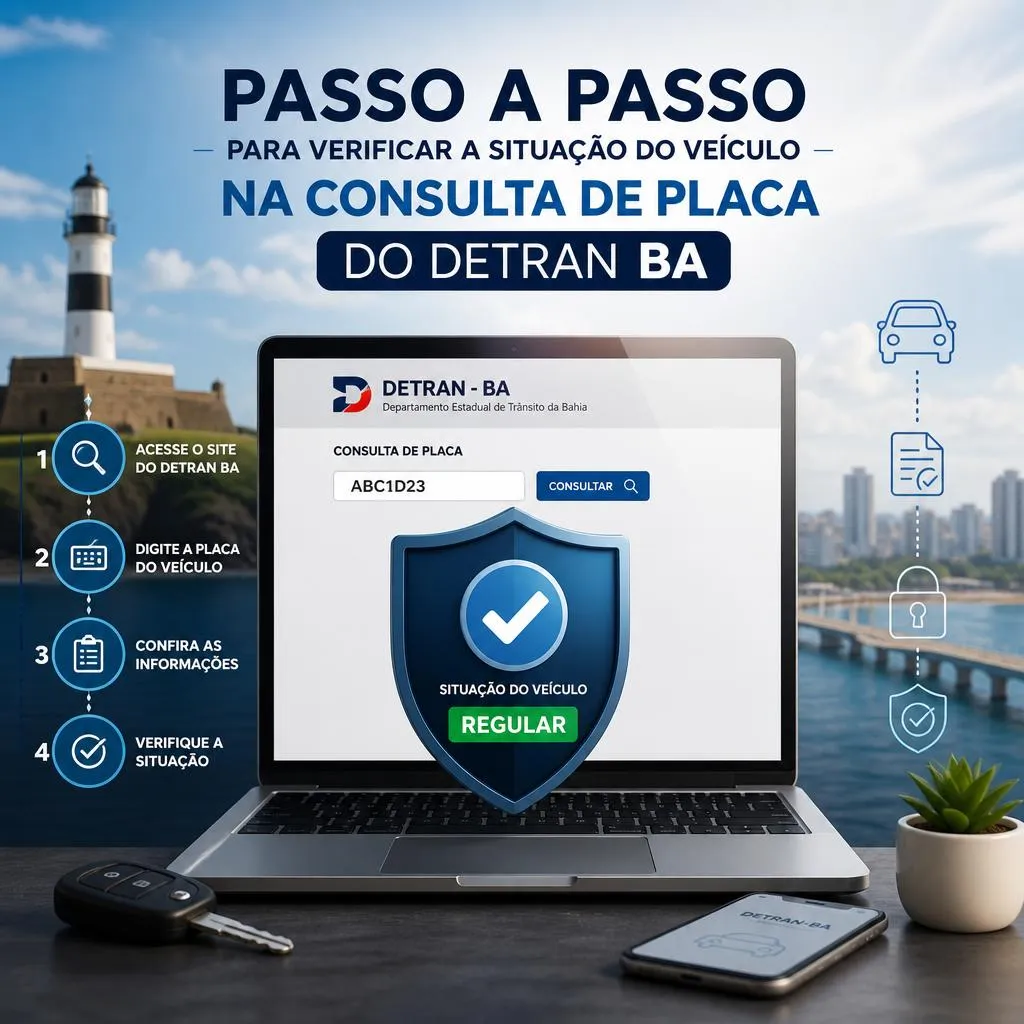 Infográfico de consulta de placa veicular no Detran Bahia.