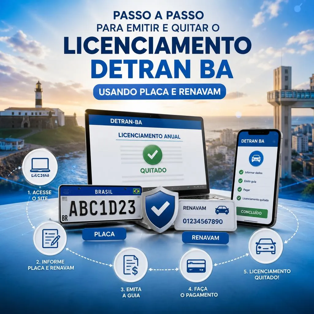 Infográfico explicativo sobre licenciamento de veículos do Detran Bahia.