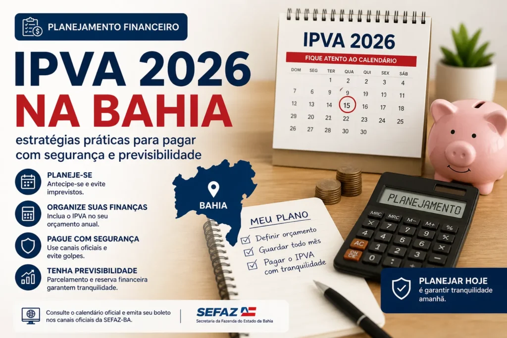 Infográfico sobre planejamento financeiro para o IPVA 2026 na Bahia.