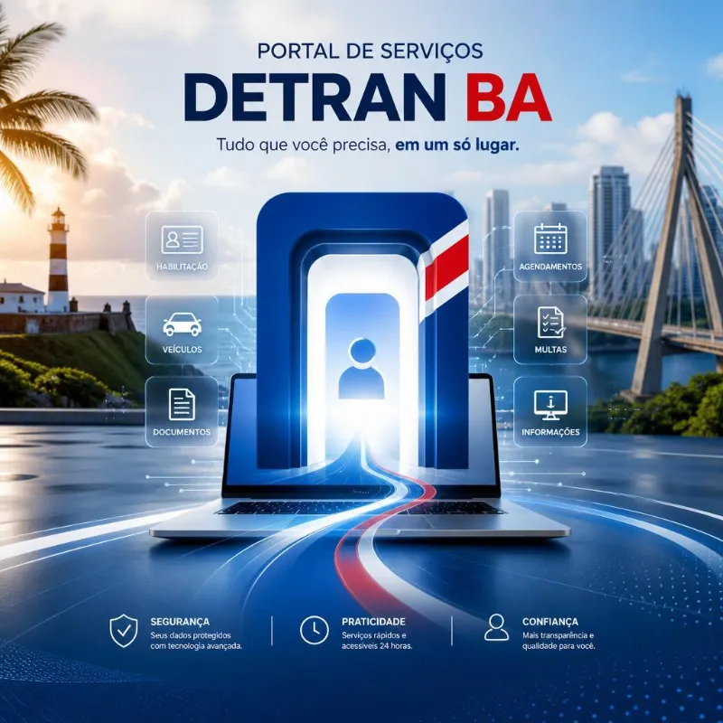 Banner do Portal de Serviços DETRAN Bahia com laptop e ícones.