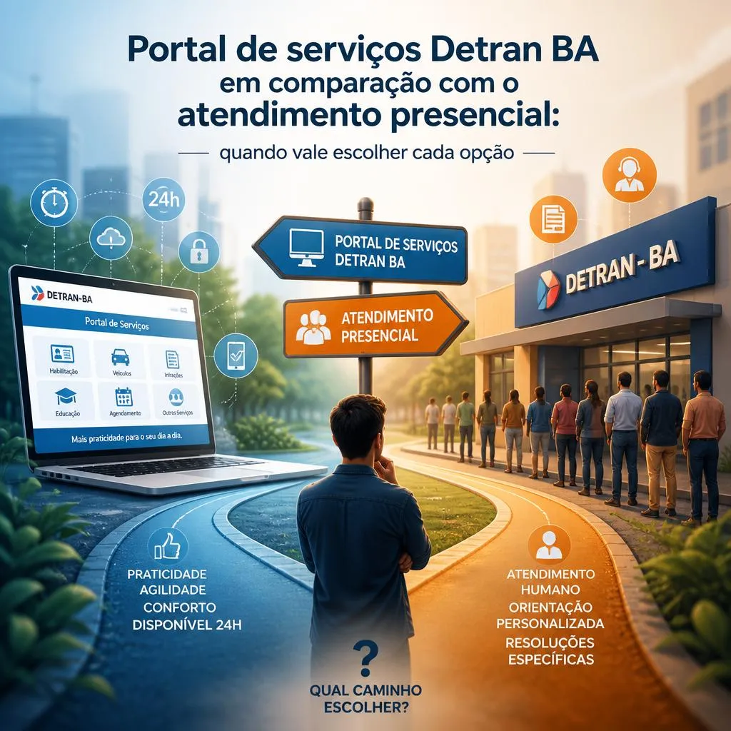 Infográfico comparando serviços online e presenciais do Detran-BA.