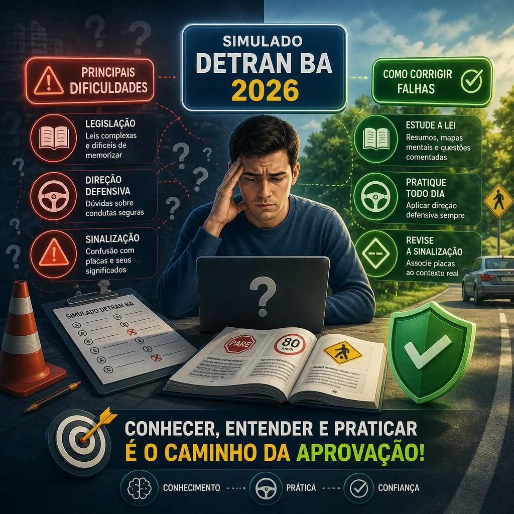 Infográfico sobre simulado DETRAN BA 2026 com dificuldades e soluções.