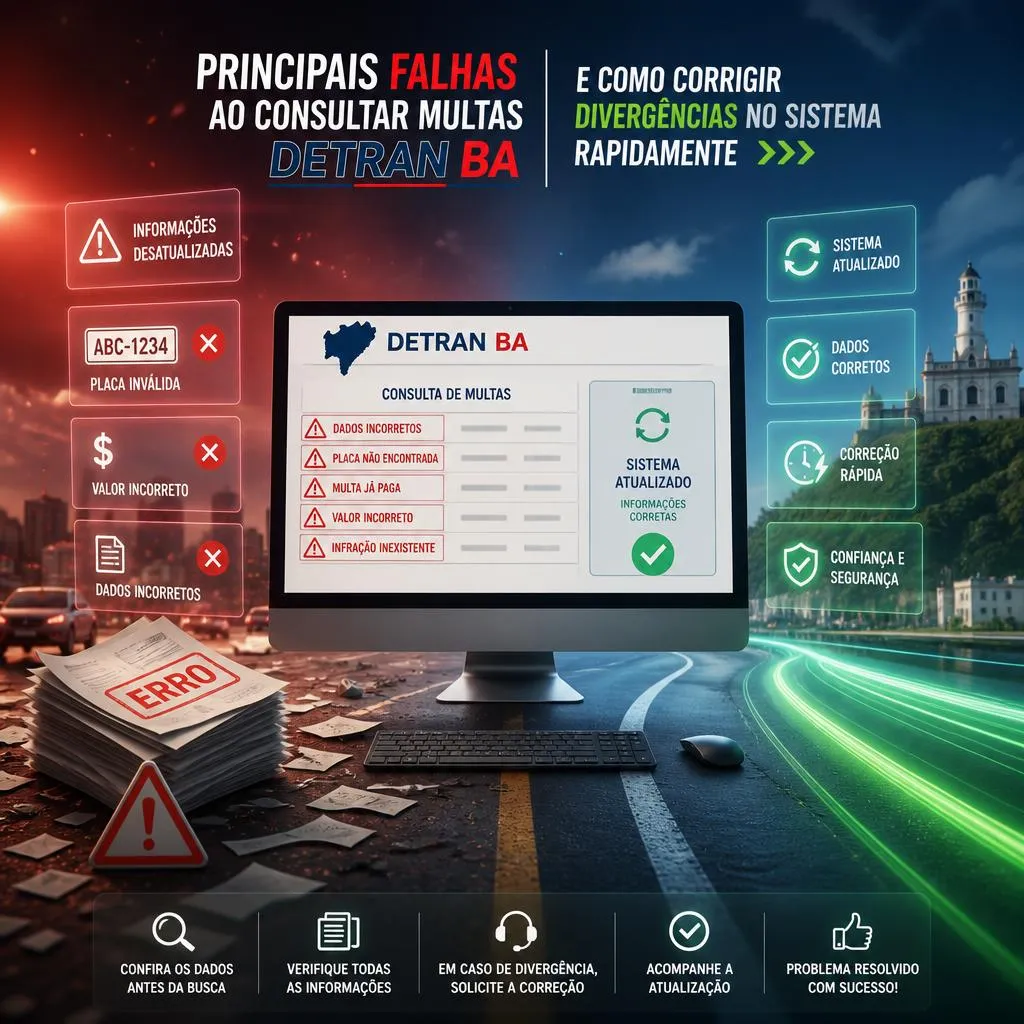 Infográfico sobre correção de falhas em multas do Detran BA.
