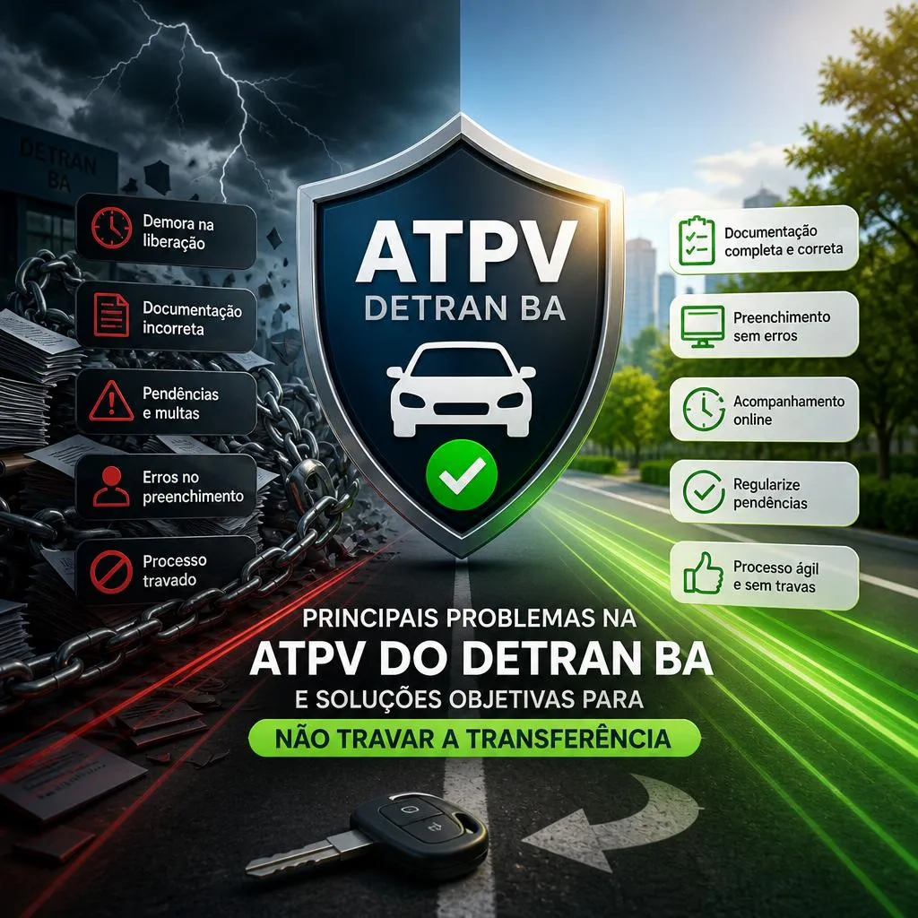 Infográfico sobre problemas e soluções na ATPV do DETRAN BA.