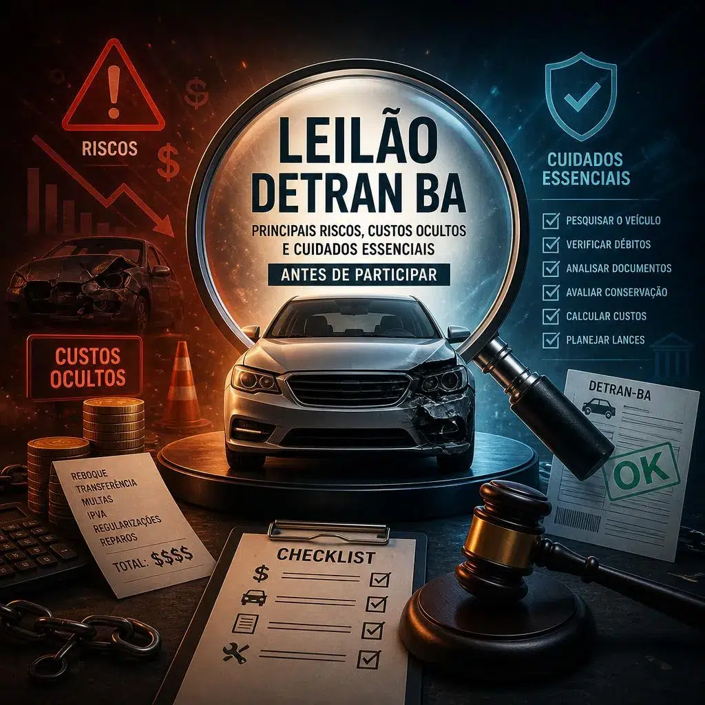 Infográfico sobre riscos e cuidados em leilões do DETRAN BA.