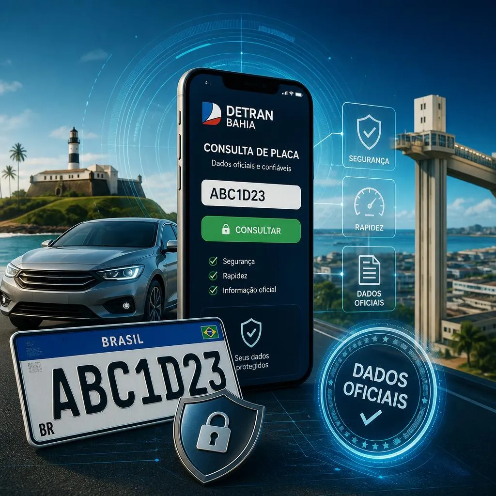 Smartphone mostrando consulta de placa do Detran Bahia em Salvador.
