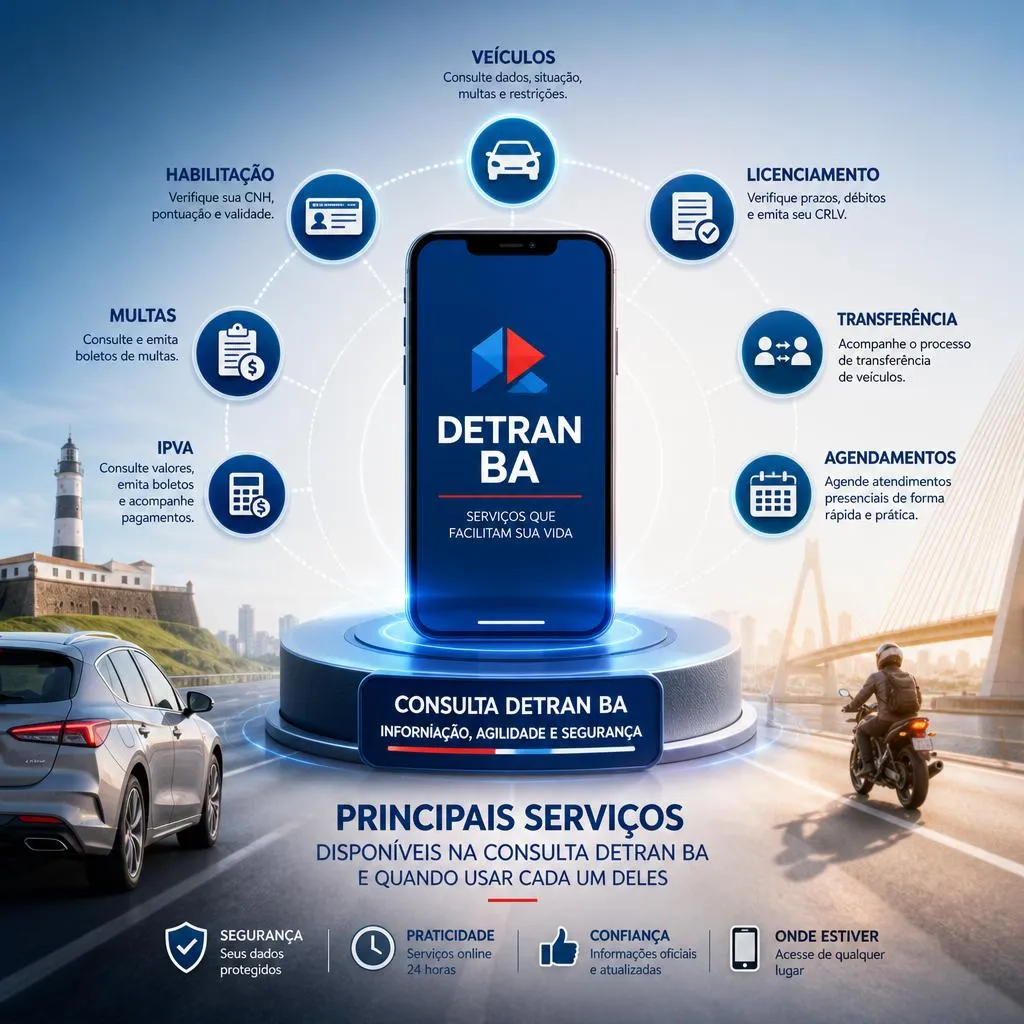 Infográfico dos serviços digitais do DETRAN Bahia em um celular.