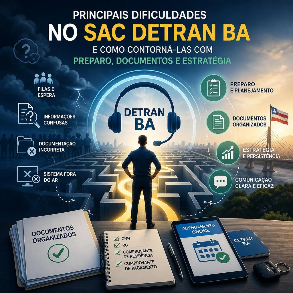 Infográfico sobre superação de dificuldades no SAC DETRAN BA.