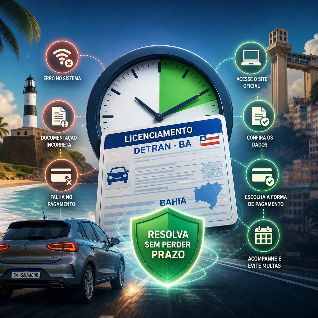 Infográfico sobre licenciamento DETRAN-BA com carro e pontos turísticos baianos.