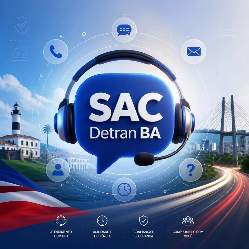 Logo SAC Detran BA com headset e pontos turísticos da Bahia.