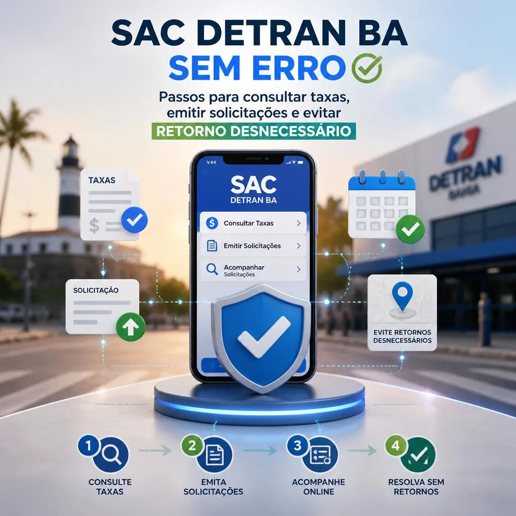 Infográfico explicativo sobre serviços digitais do SAC DETRAN Bahia.