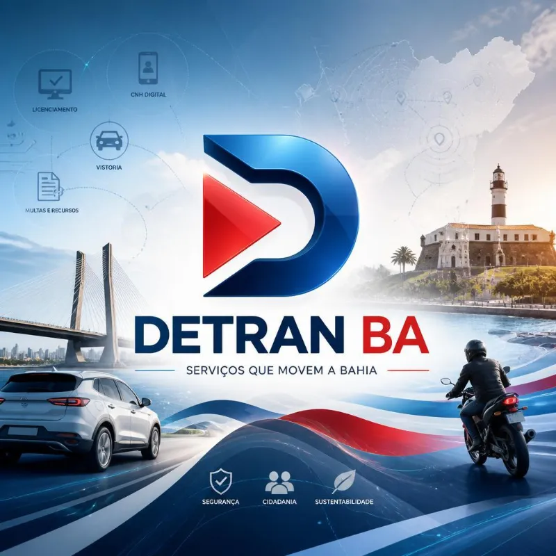 Banner institucional Detran BA com serviços e paisagens da Bahia.