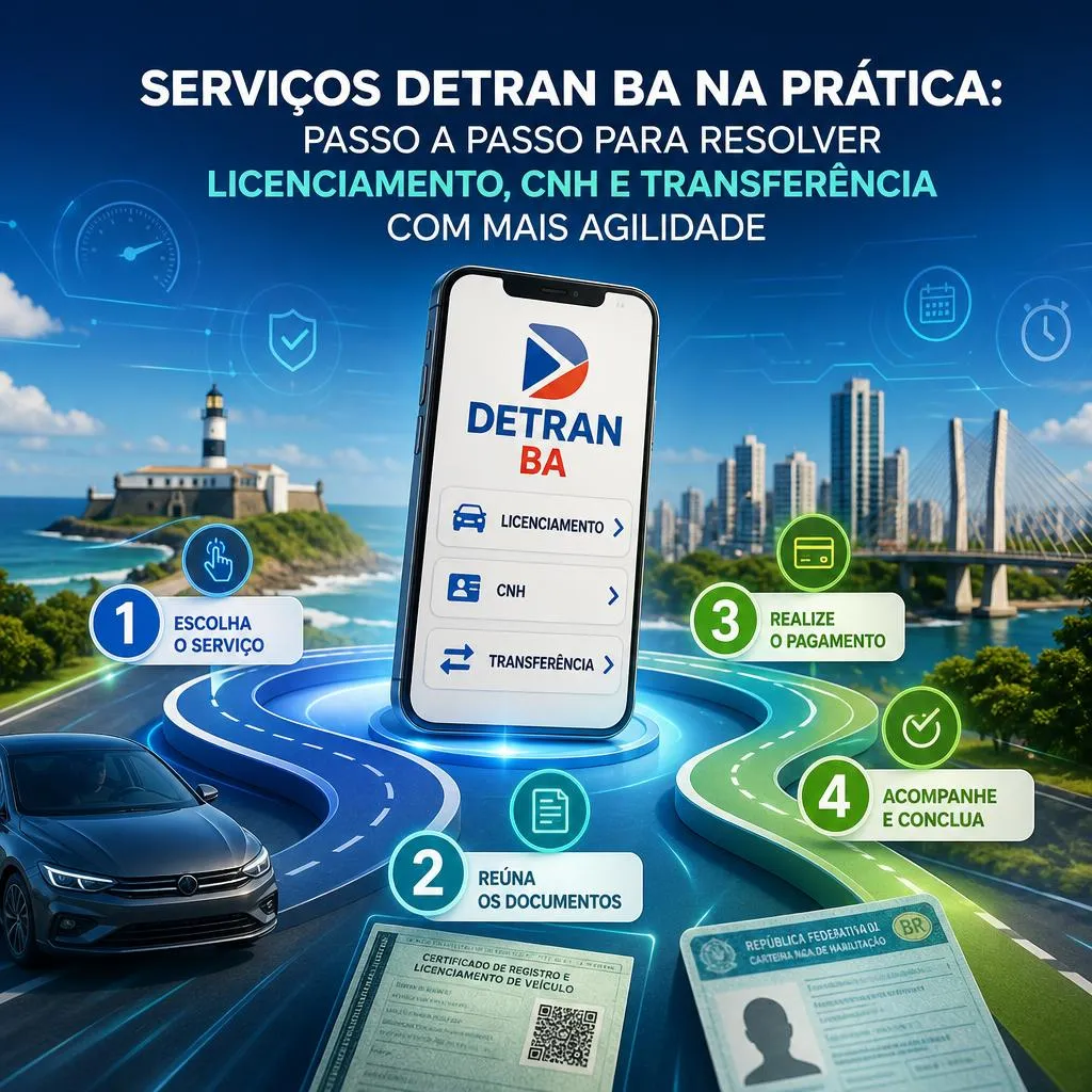 Infográfico sobre serviços digitais do Detran BA no celular.