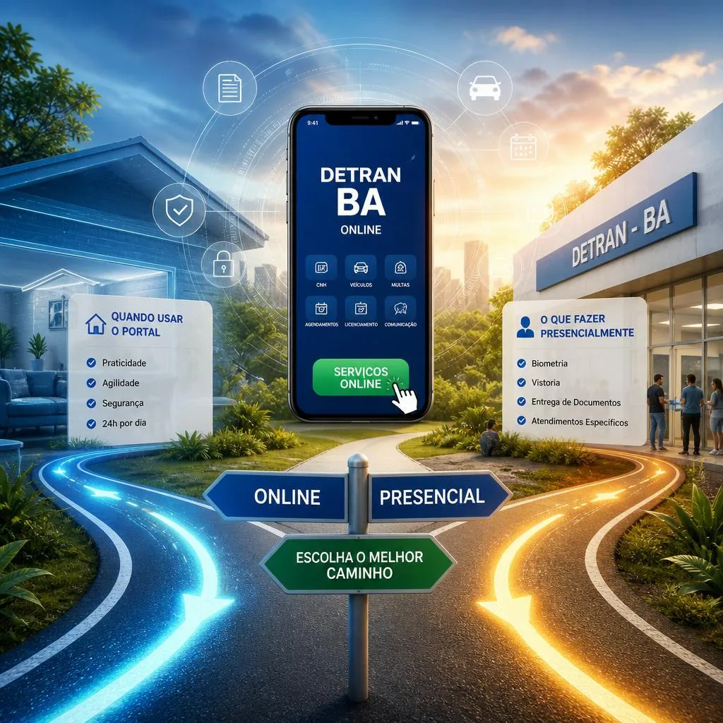 Ilustração comparando serviços online e presenciais do DETRAN-BA.