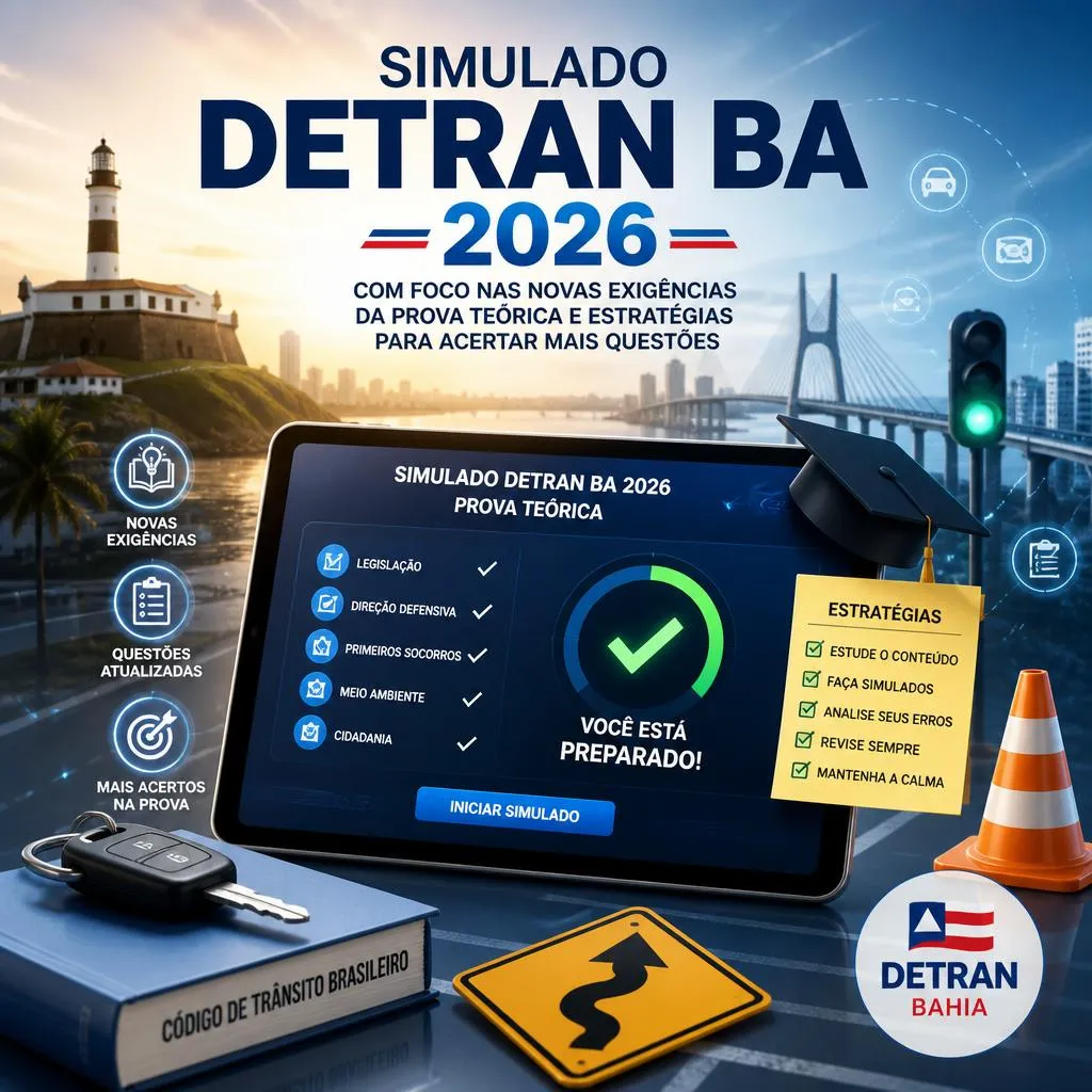 Simulado DETRAN BA 2026 em tablet com ícones de trânsito.