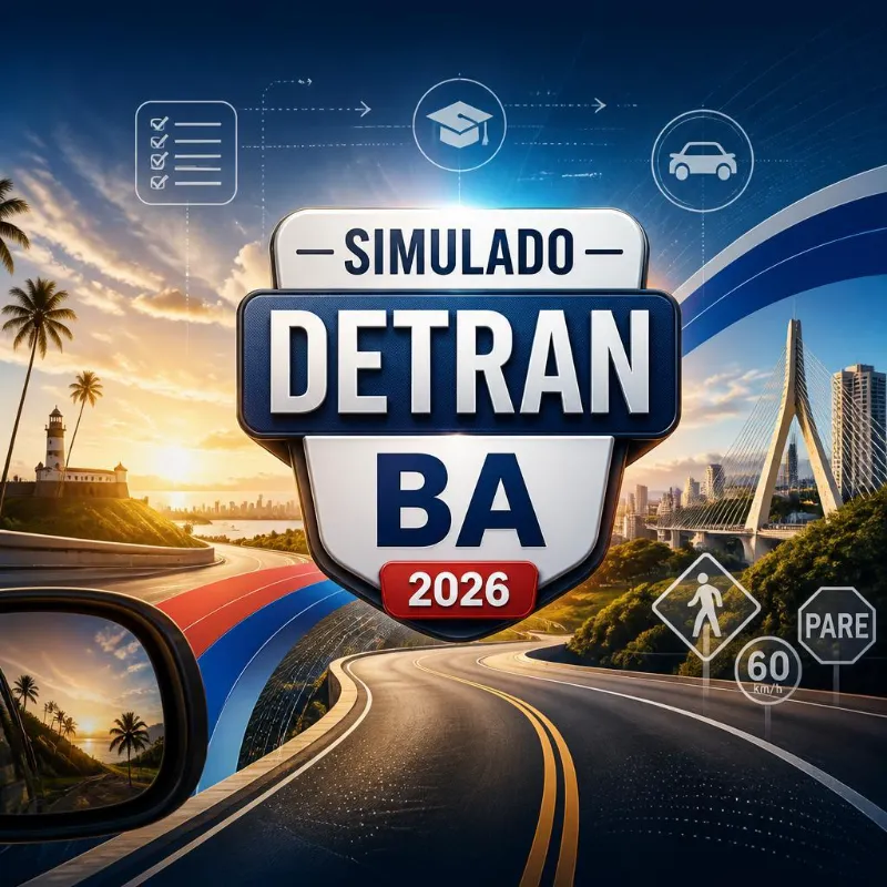 Escudo Simulado DETRAN BA 2026 centralizado em uma estrada cênica.