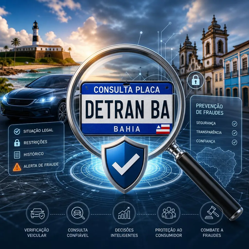 Lupa sobre placa DETRAN BA com elementos de segurança digital.
