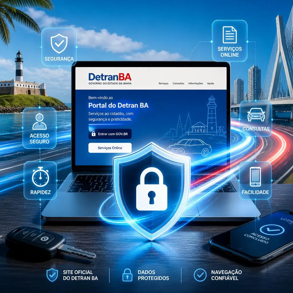 Interface do Portal Detran BA em laptop com segurança digital.