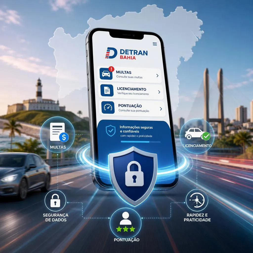Smartphone com aplicativo do Detran Bahia e ícones de serviços.