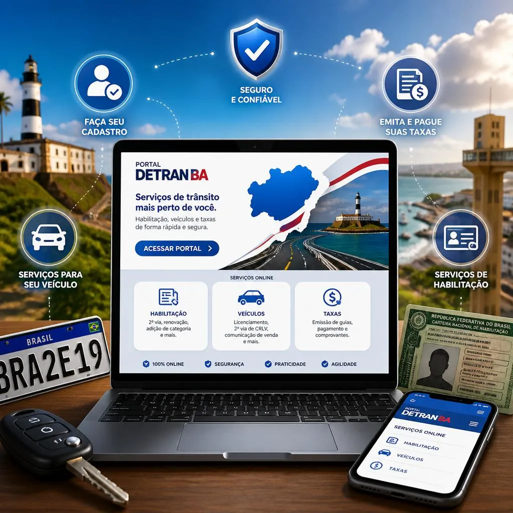 Laptop exibindo o site oficial do Portal DETRAN BA.