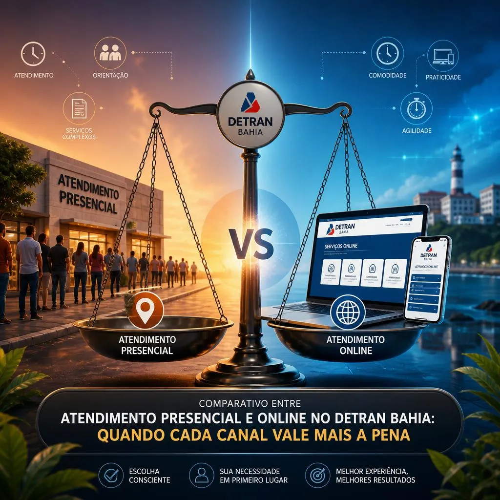 Balança comparando atendimento presencial e online do Detran Bahia.