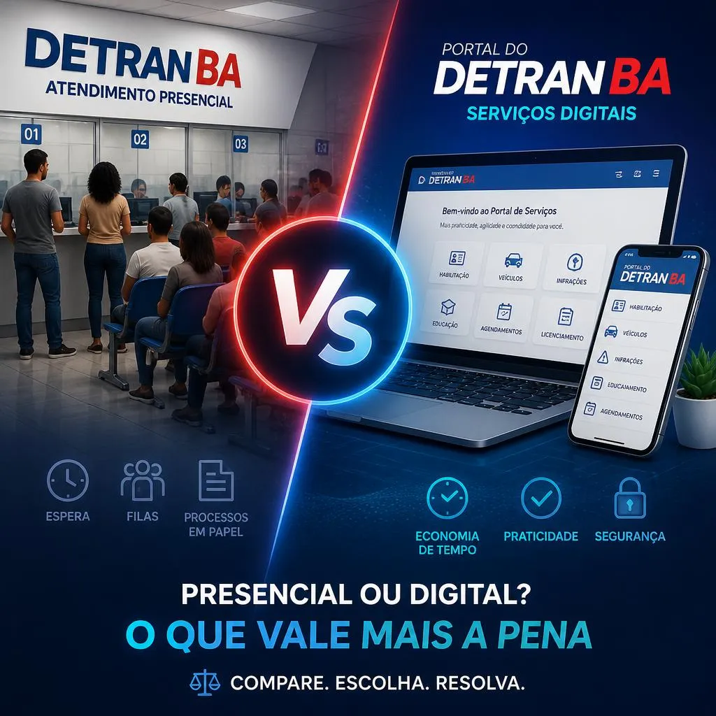 Comparação entre atendimento presencial e serviços digitais do Detran-BA.